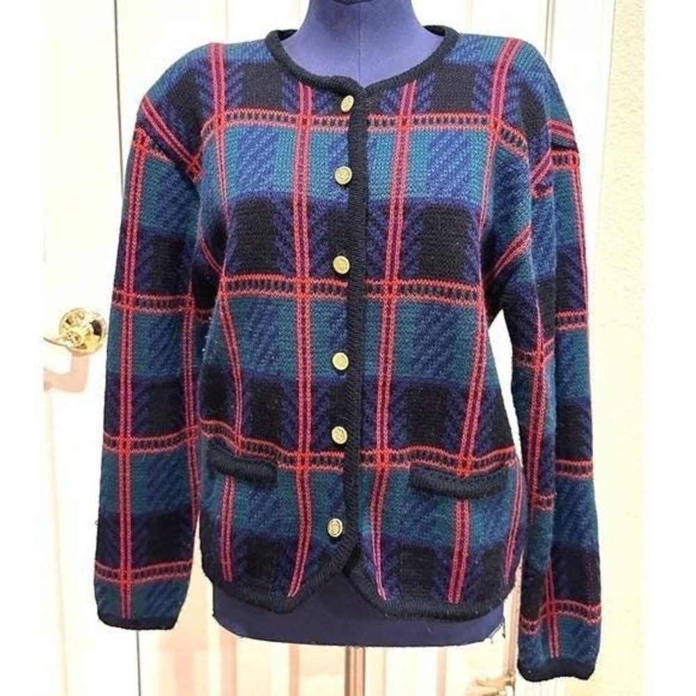 Vintage Tally-Ho Cardigan Women's Medium Plaid Holiday Xmas sweater button-up